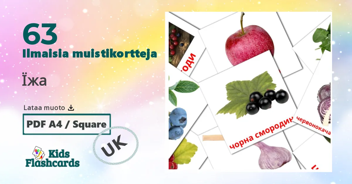 Їжа – lasten kuvakortit ukrainalaiseksi sanastoon
