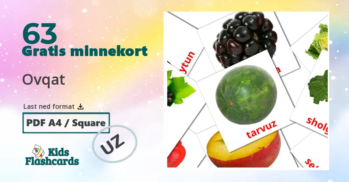 Ovqat bildekort for barn på uzbek
