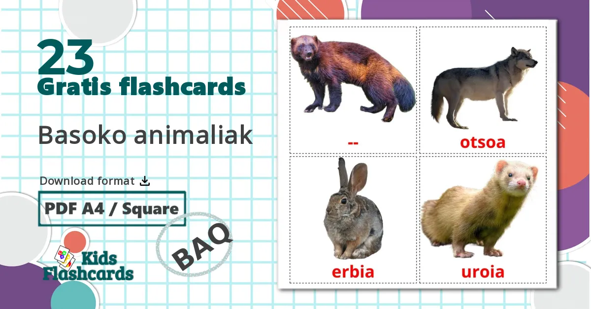 23 Basoko animaliak billedkort for børn