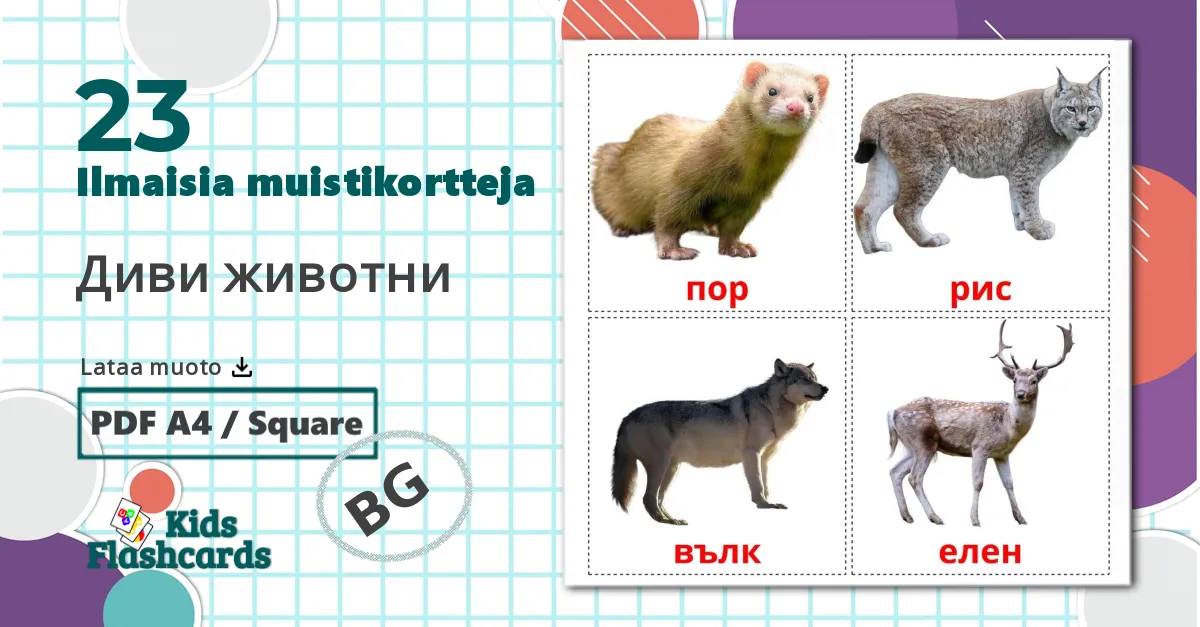 23 Диви животни lasten kuvakortit