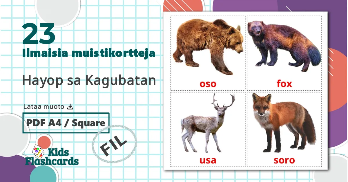 23 Hayop sa Kagubatan lasten kuvakortit