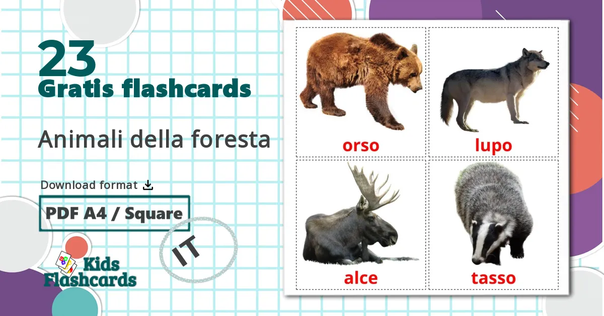 23 Animali della foresta billedkort for børn