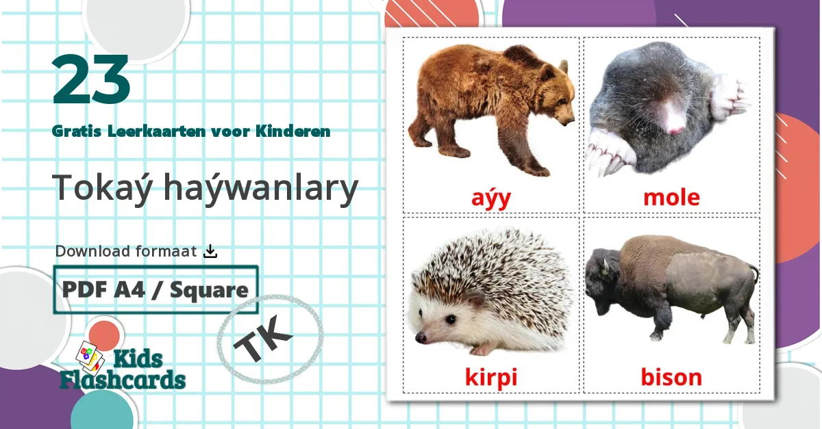 23 Tokaý haýwanlary Leerkaarten voor kinderen