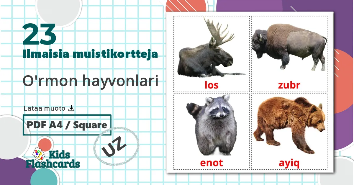23 O'rmon hayvonlari lasten kuvakortit