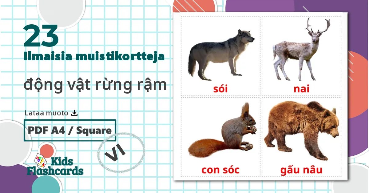 23 động vật rừng rậm lasten kuvakortit