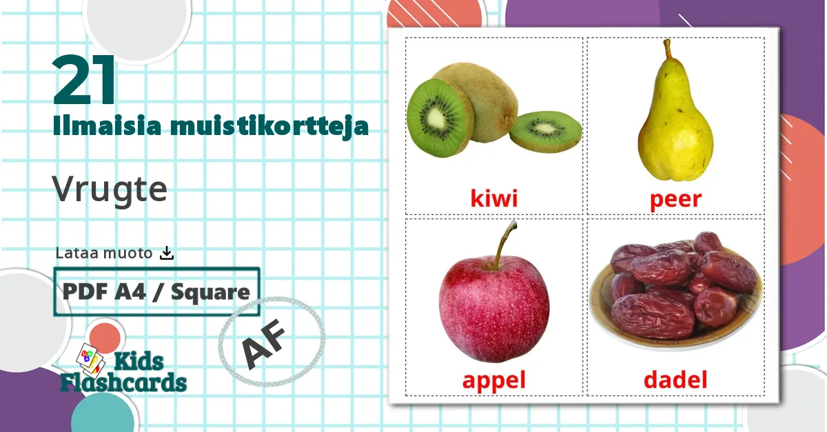 Hedelmät - afrikaans sanastokortit
