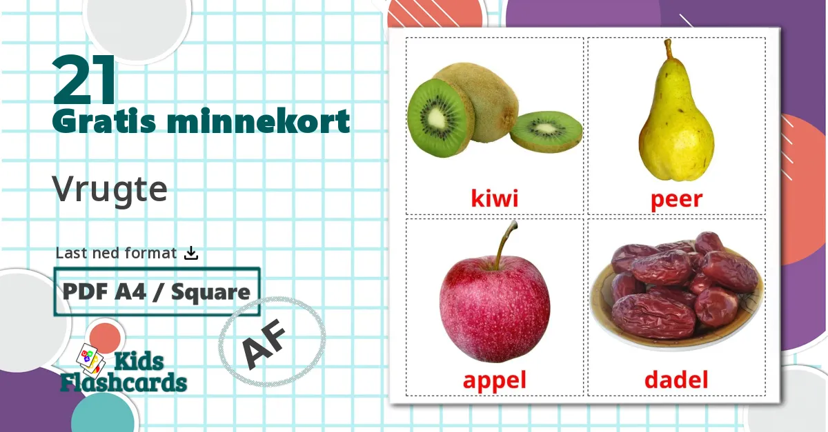 Frukt - Ordforrådskort for afrikaans