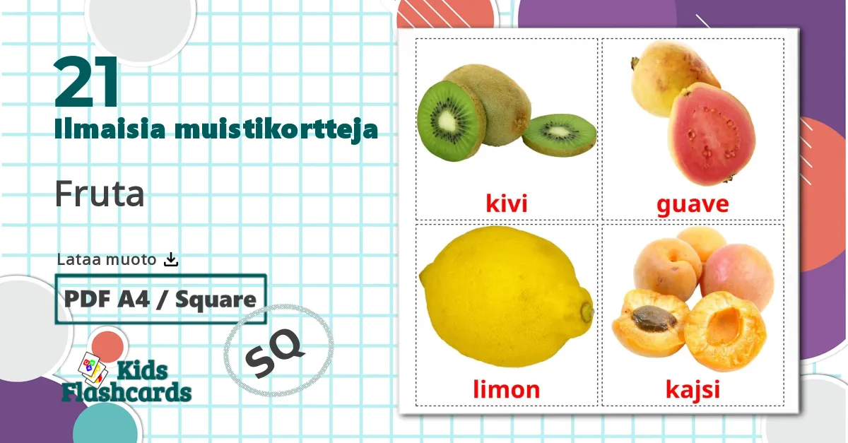 21 Fruta lasten kuvakortit