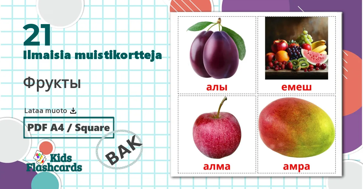 21 Hedelmät billedkort for børn