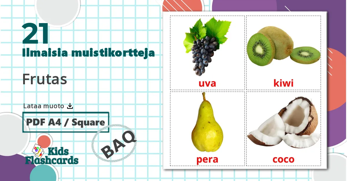 21 Frutas lasten kuvakortit
