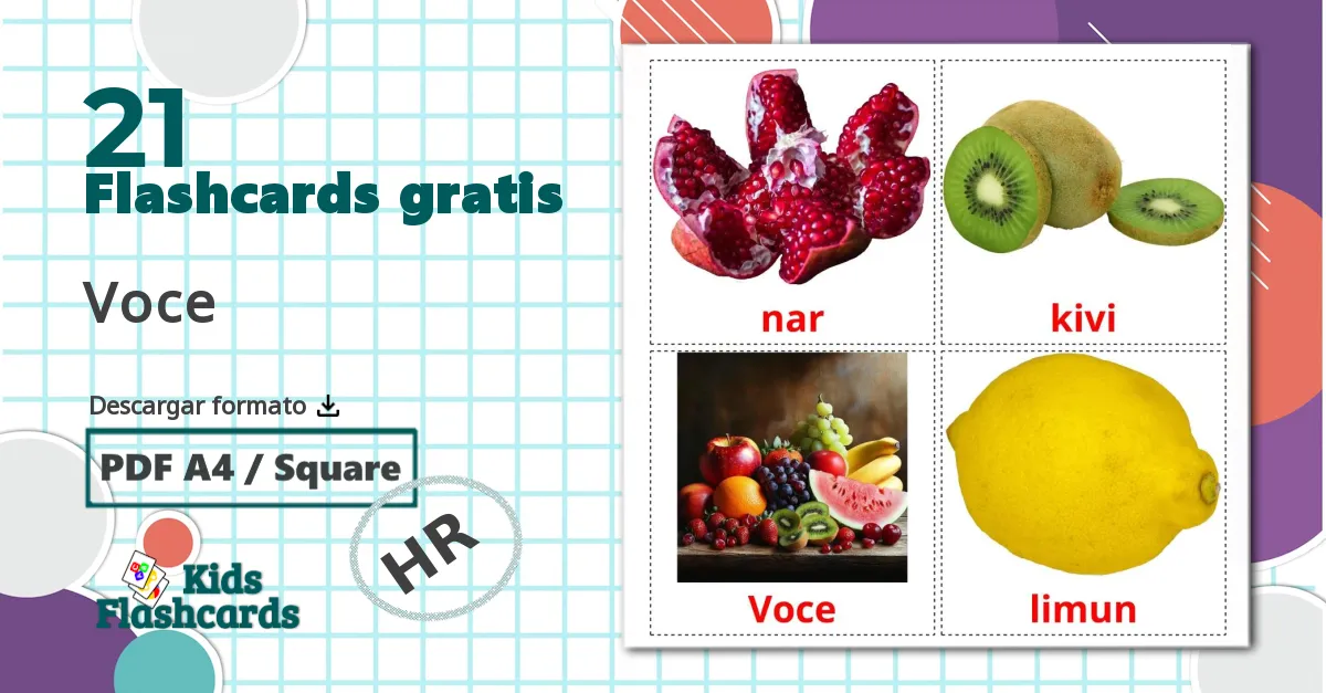 21 tarjetas didacticas de Frutas