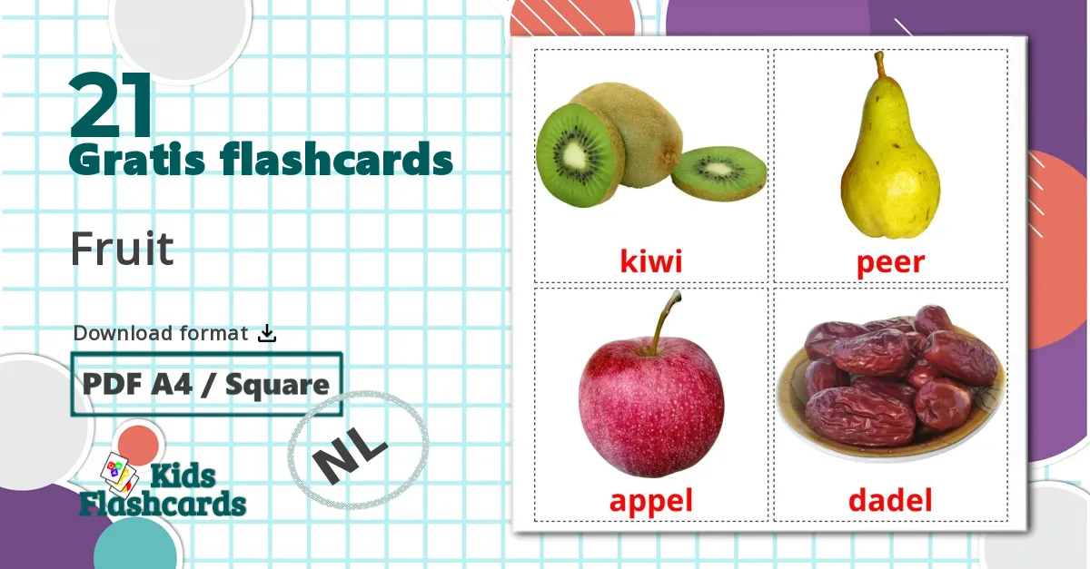 21 Fruit billedkort for børn