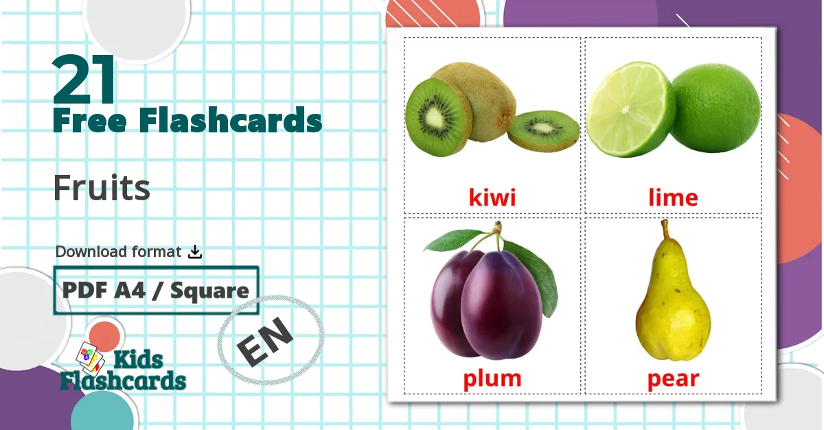 20 tarjetas didacticas de Fruits