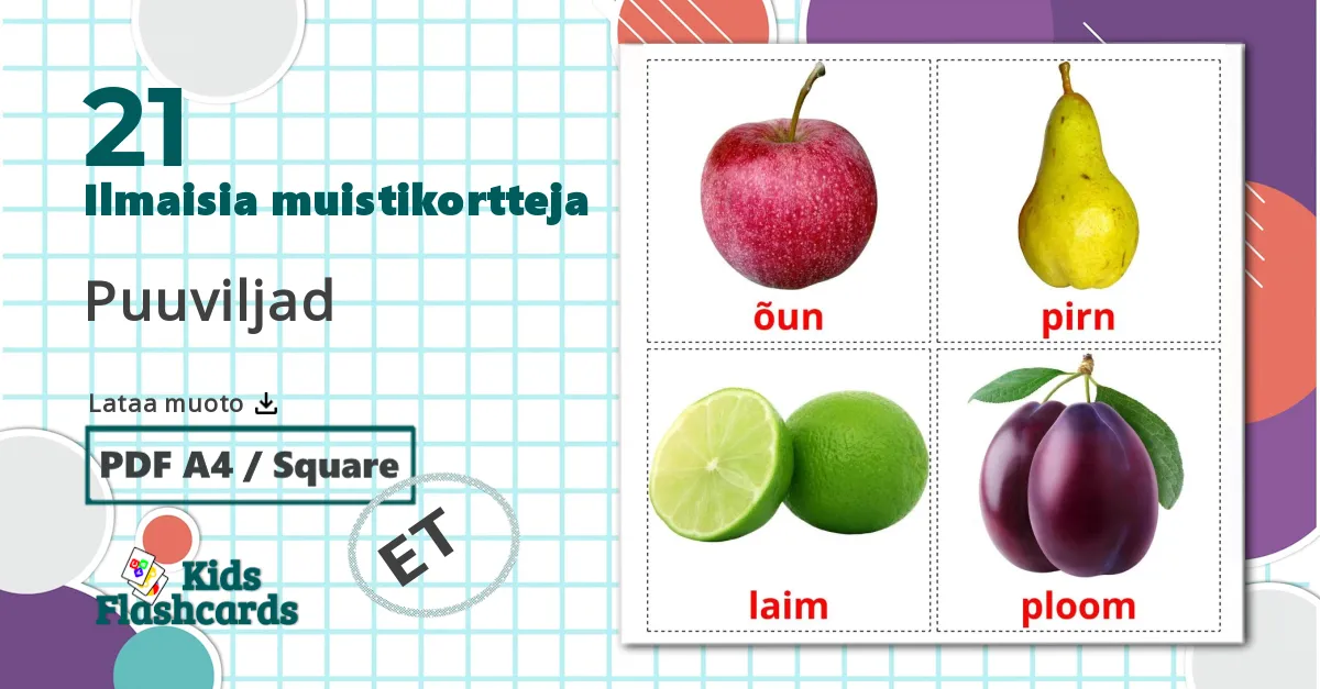 21 Puuviljad lasten kuvakortit
