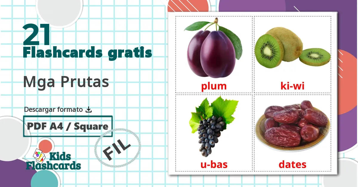 21 tarjetas didacticas de Mga Prutas