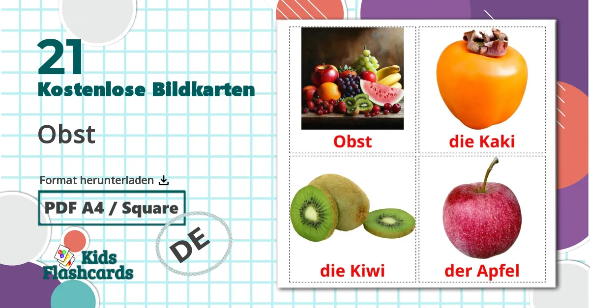 21 Bildkarten für Obst