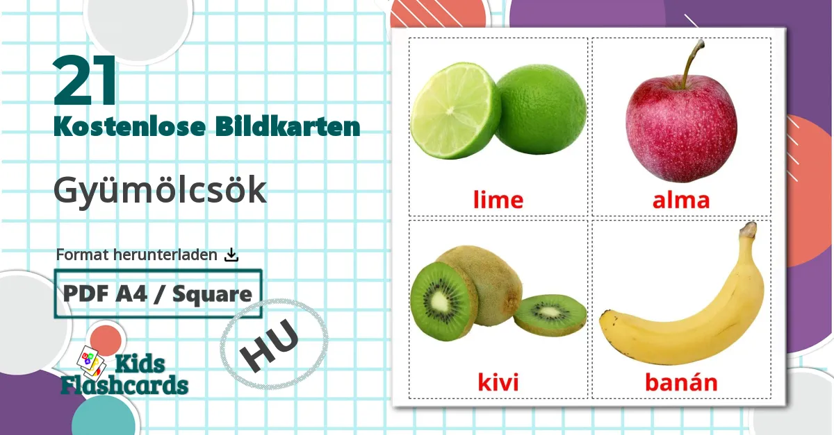 21 Bildkarten für Gyümölcsök