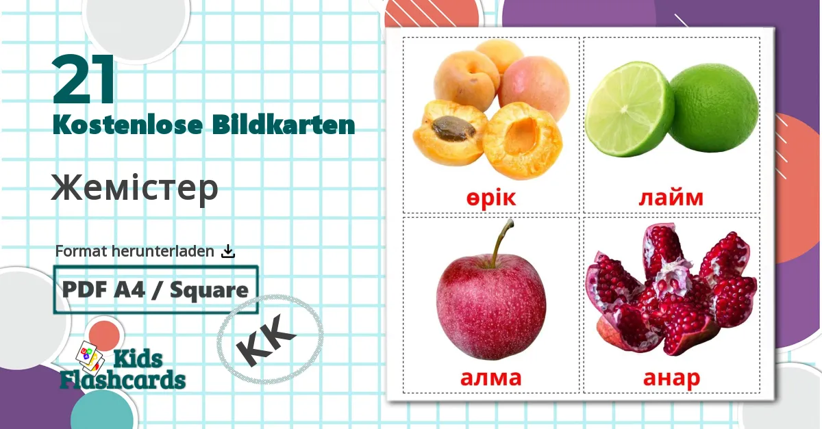 21 Bildkarten für Жемістер