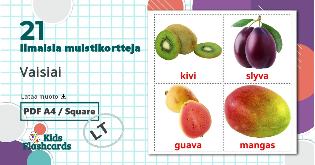 21 Vaisiai  lasten kuvakortit