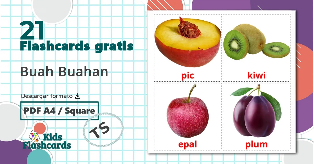 21 tarjetas didacticas de Buah Buahan