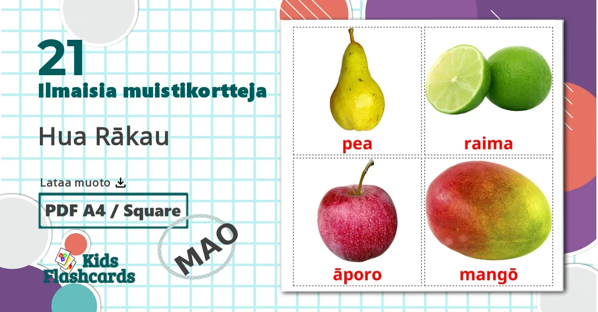 21 Hua Rākau lasten kuvakortit