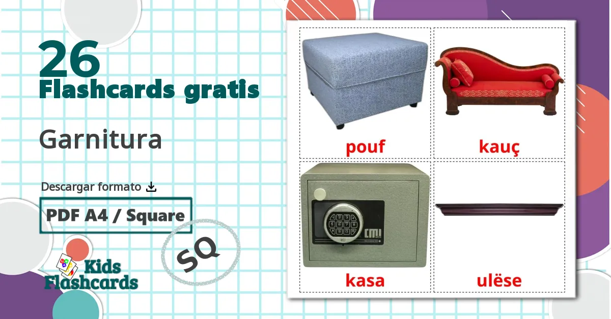 Muebles - tarjetas de vocabulario en albanés