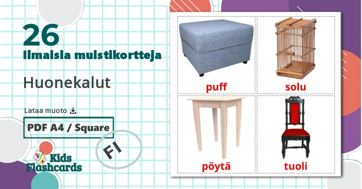 26 Huonekalut lasten kuvakortit