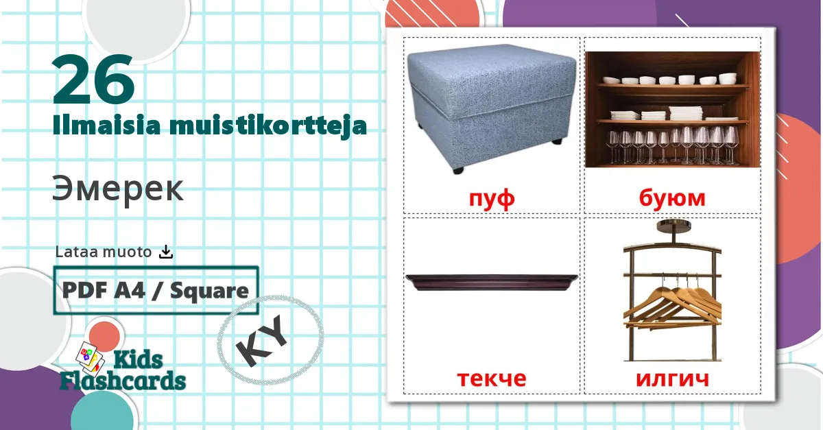 26 Huonekalut lasten kuvakortit