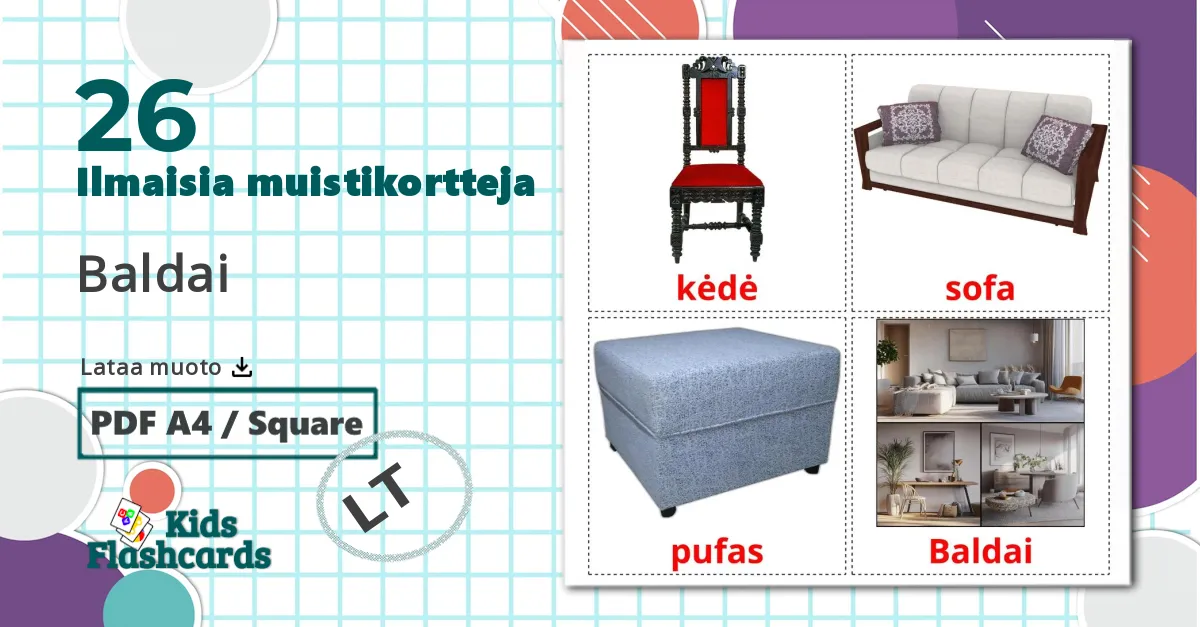 26 Baldai lasten kuvakortit