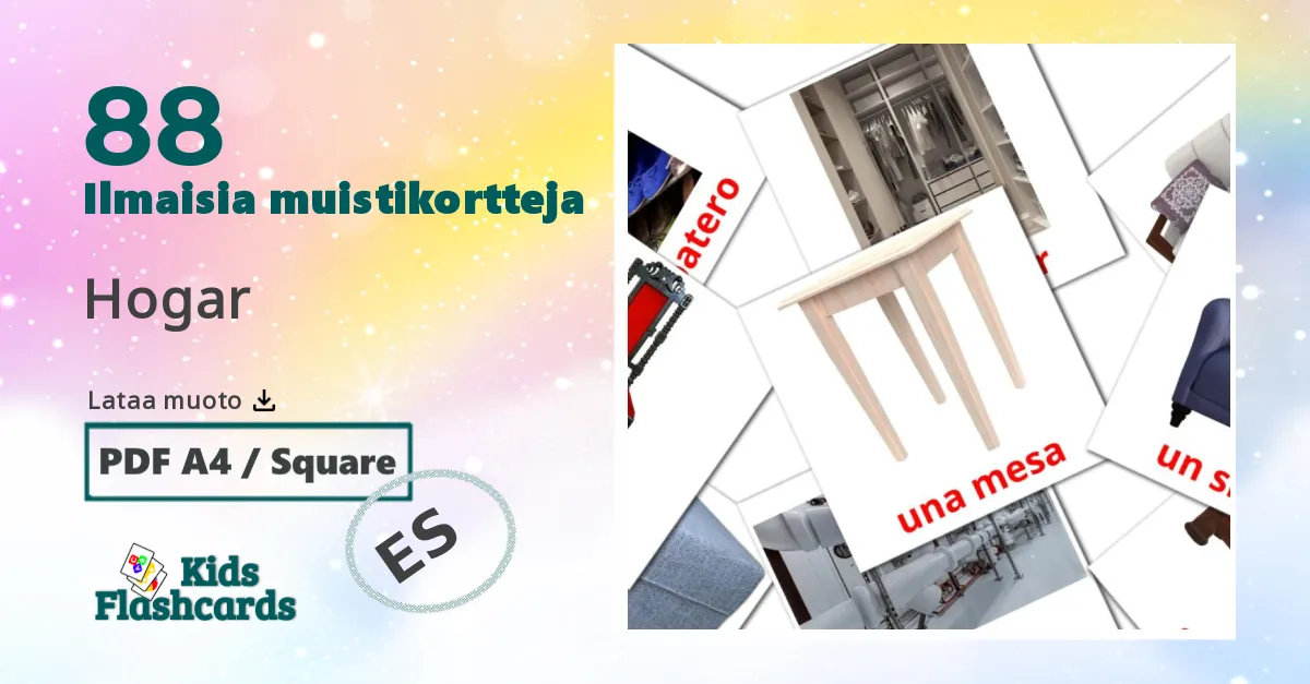 Hogar – lasten kuvakortit espanjaksi sanastoon