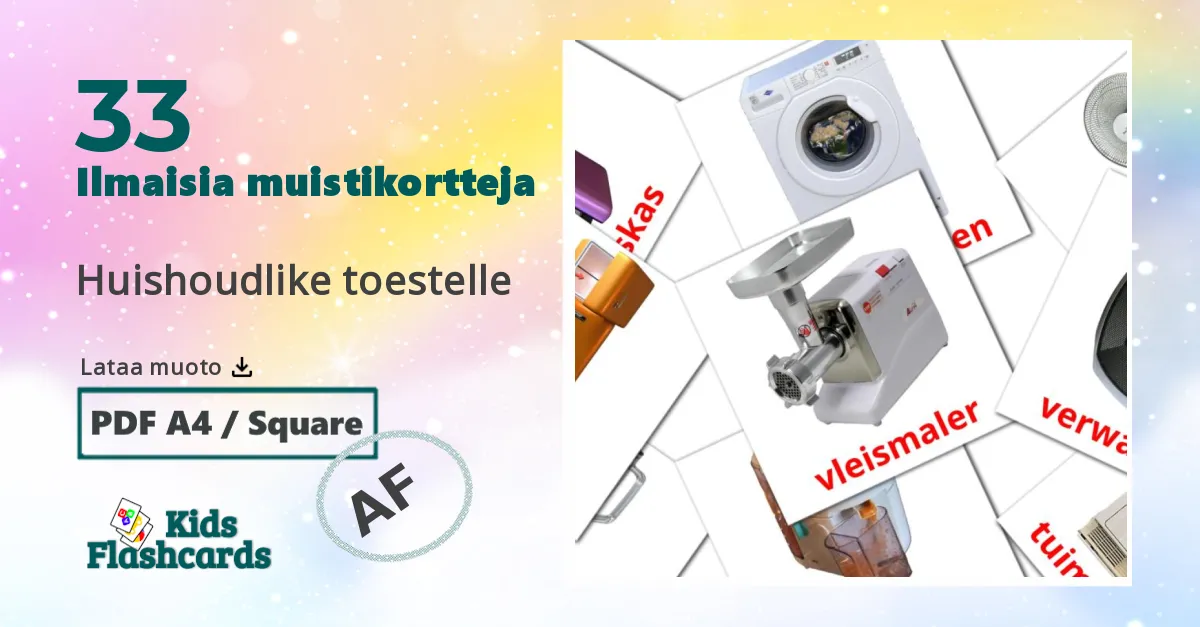 Huishoudlike toestelle – lasten kuvakortit afrikaansksi sanastoon