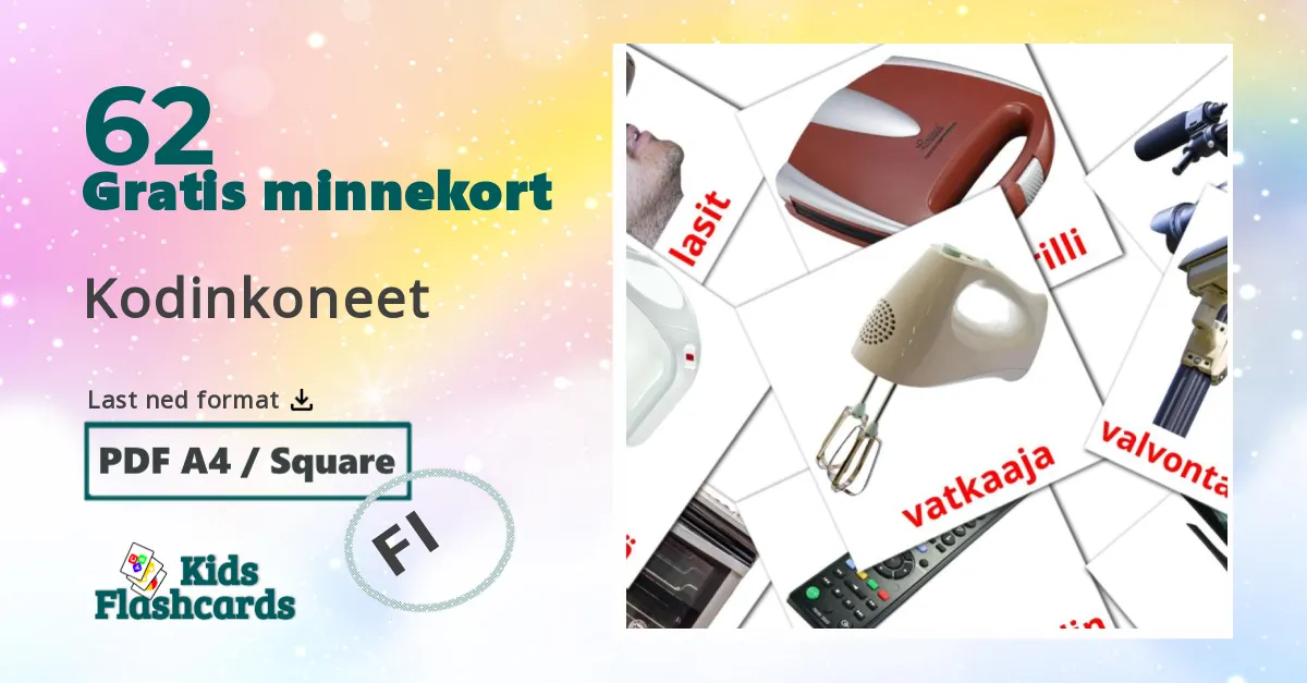 Kodinkoneet bildekort for barn på finsk