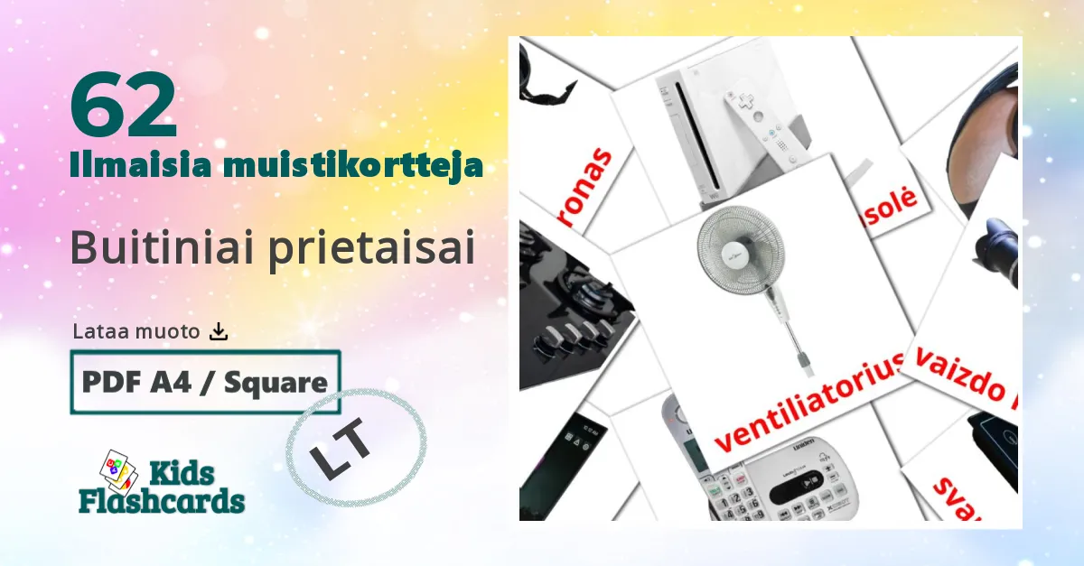 Buitiniai prietaisai – lasten kuvakortit liettuanksi sanastoon