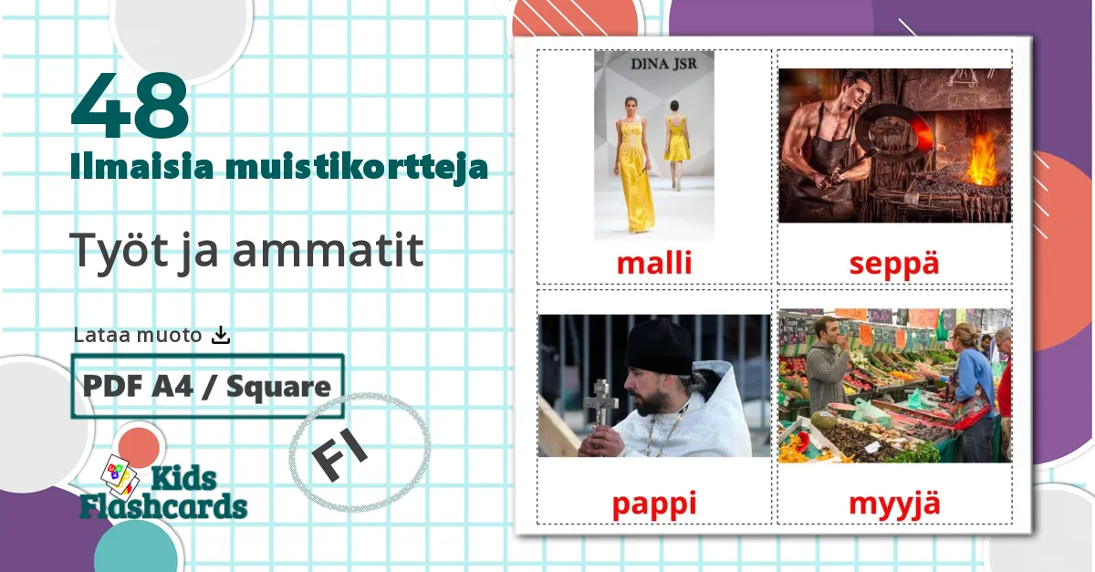 48 Työt ja ammatit lasten kuvakortit