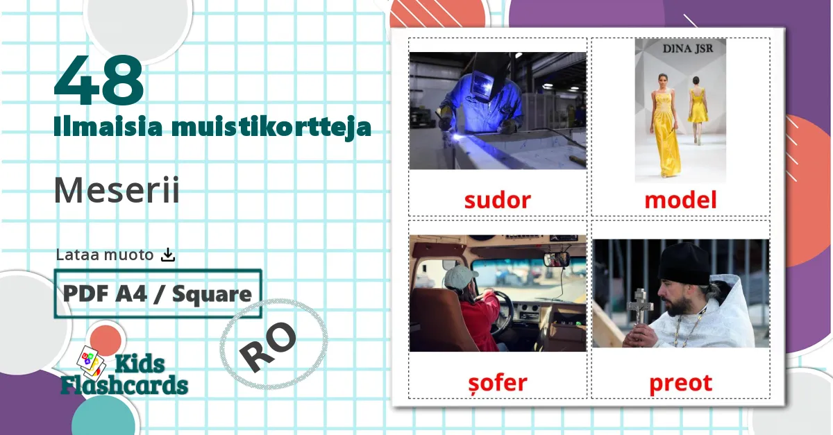 48 Meserii lasten kuvakortit