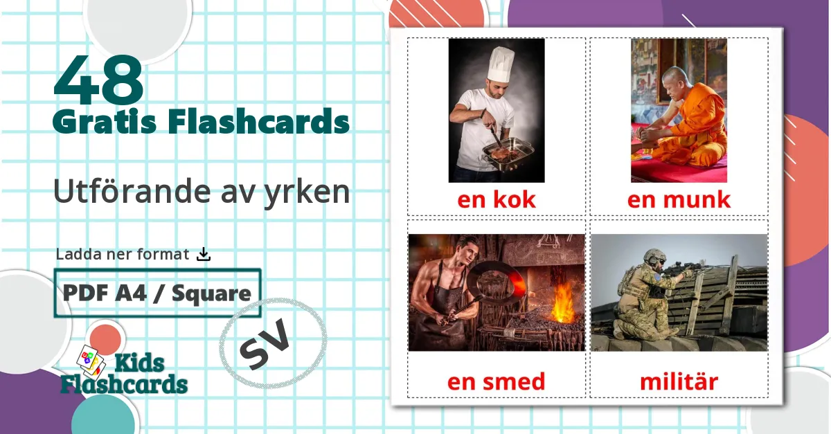 48 Utförande av yrken bildkort för barn