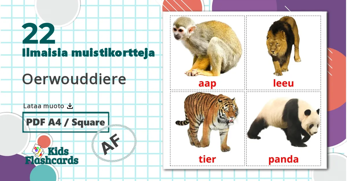 Viidakon eläimet - afrikaans sanastokortit