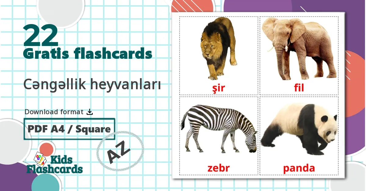 22 Cəngəllik heyvanları billedkort for børn