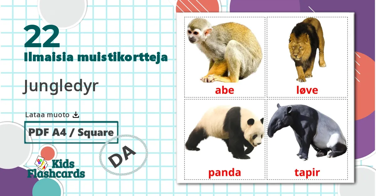 22 Jungledyr lasten kuvakortit
