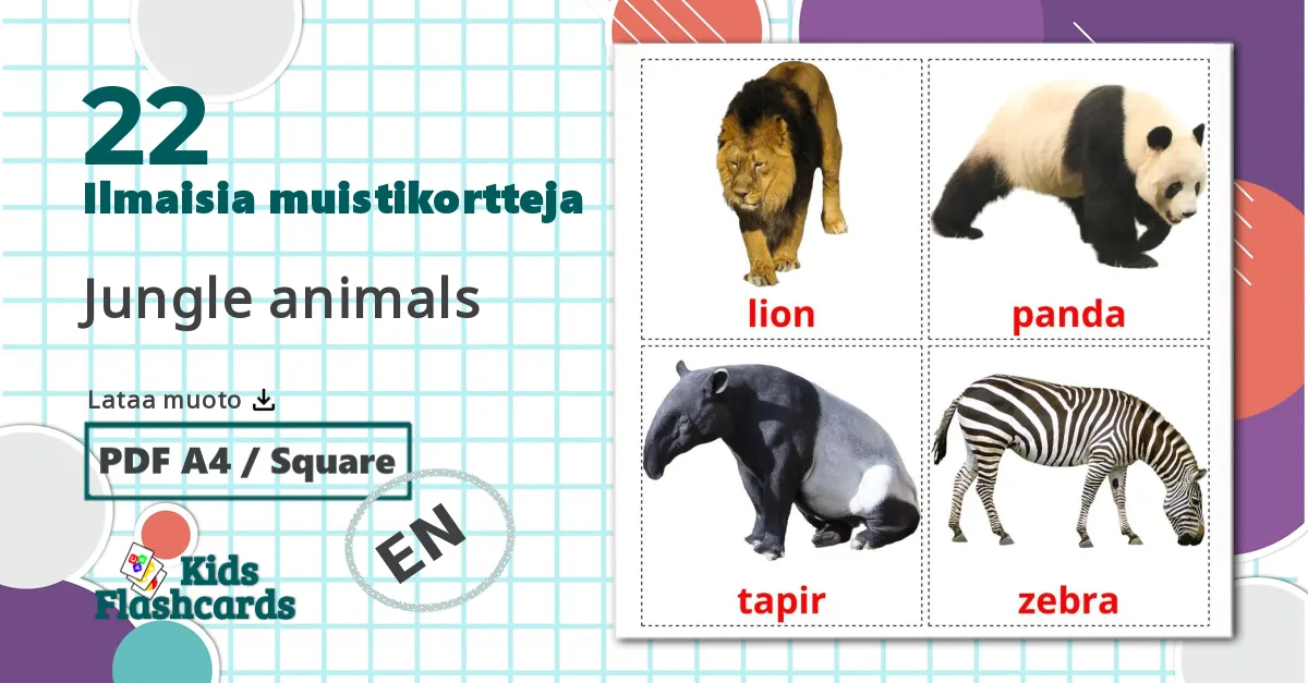 22 Jungle animals lasten kuvakortit