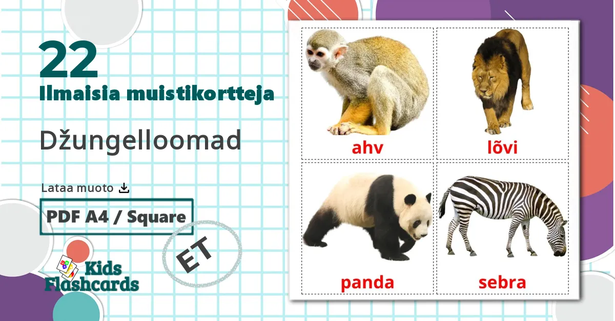 22 Džungelloomad lasten kuvakortit