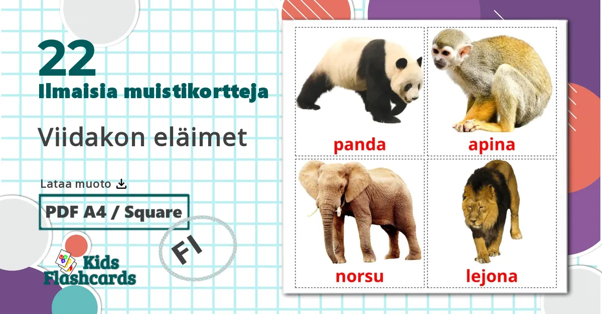 22 Viidakon eläimet lasten kuvakortit