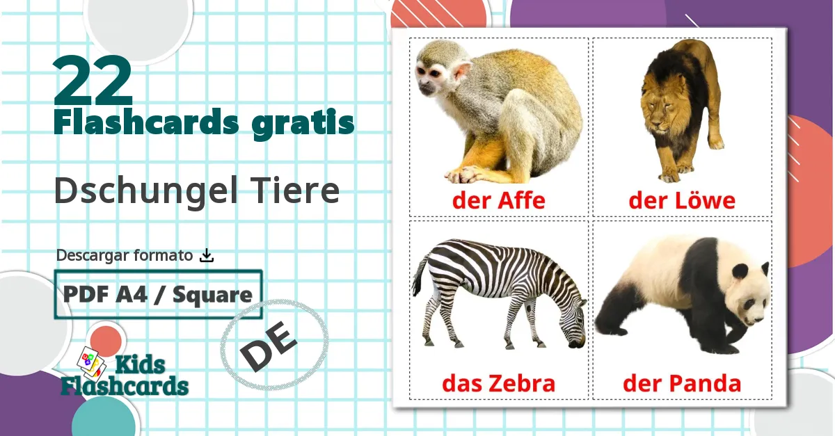 22 tarjetas didacticas de Dschungel Tiere