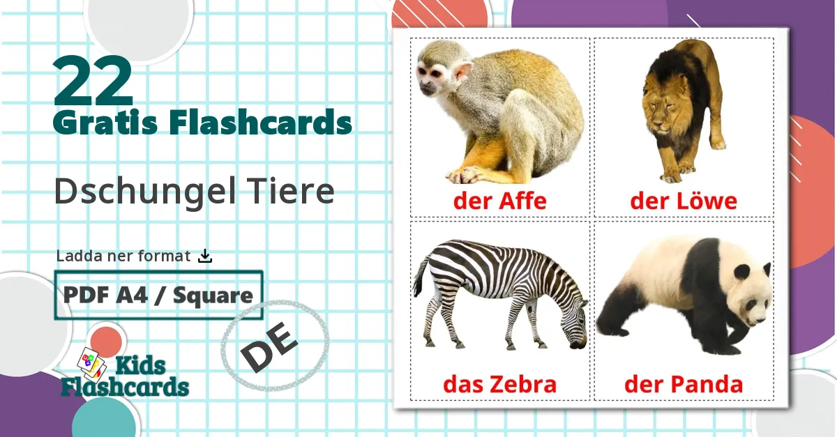 22 Dschungel Tiere bildkort för barn