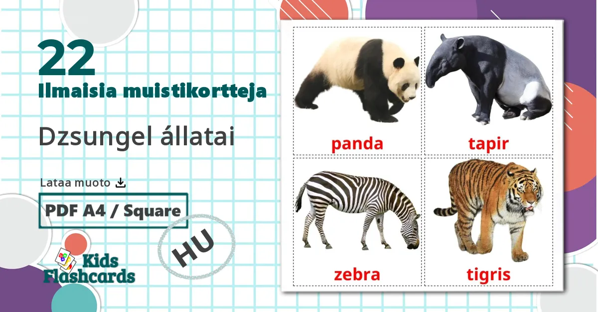 22 Dzsungel állatai lasten kuvakortit