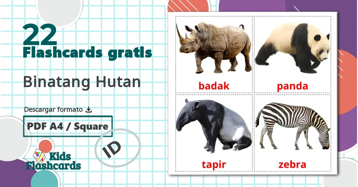 22 tarjetas didacticas de Binatang Hutan