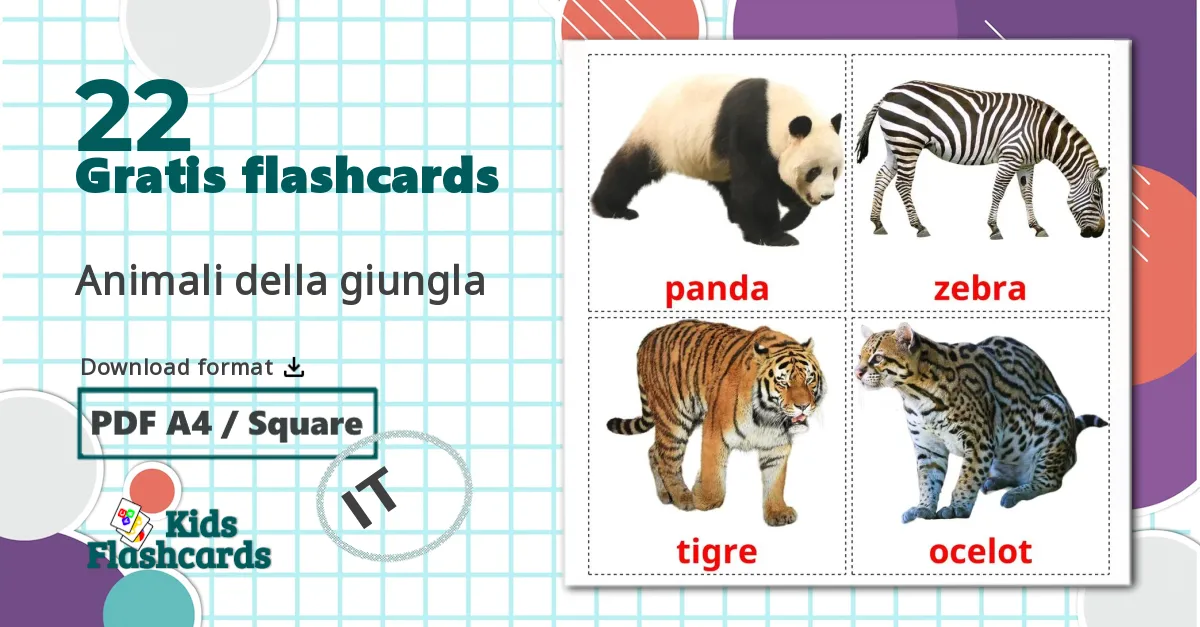 22 Animali della giungla billedkort for børn
