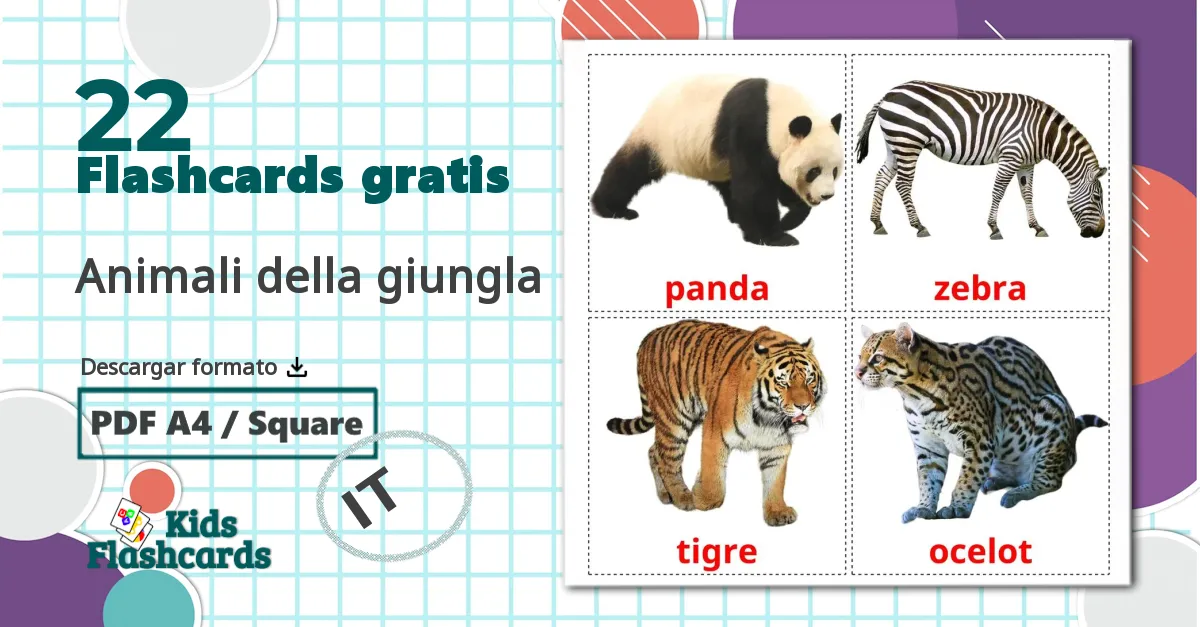 22 tarjetas didacticas de Animali della giungla