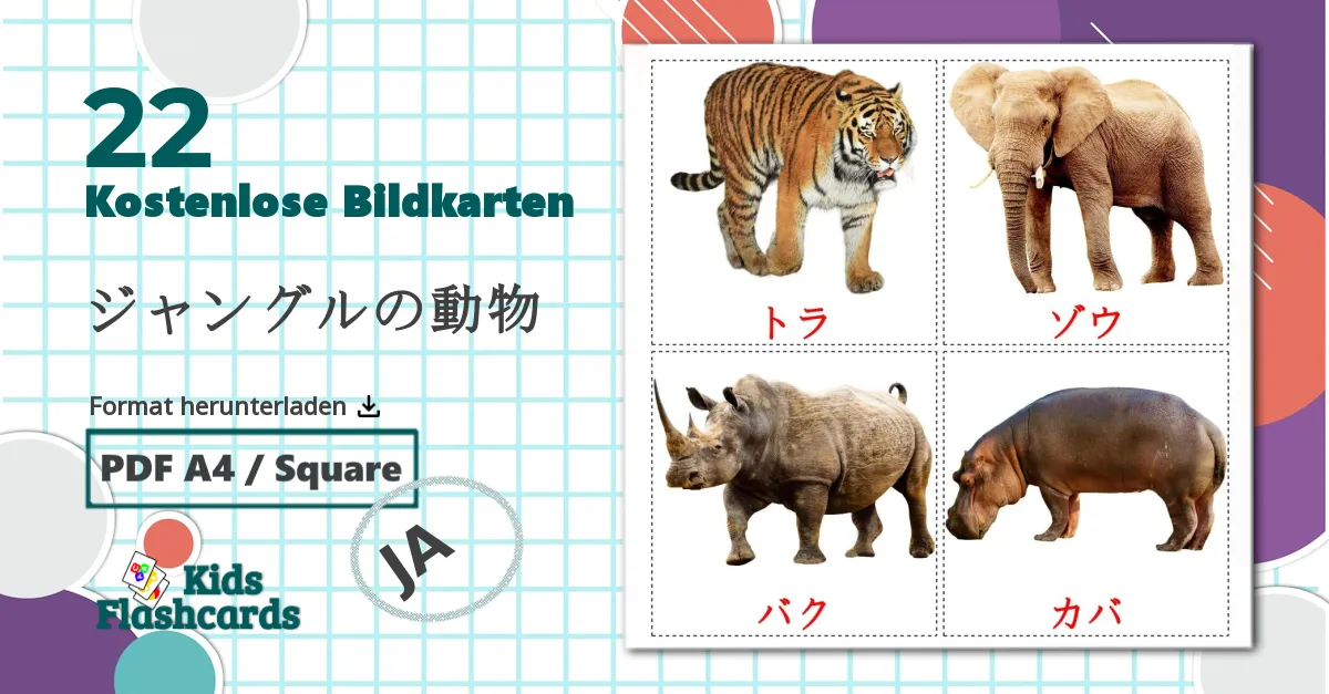 22 Bildkarten für ジャングルの動物