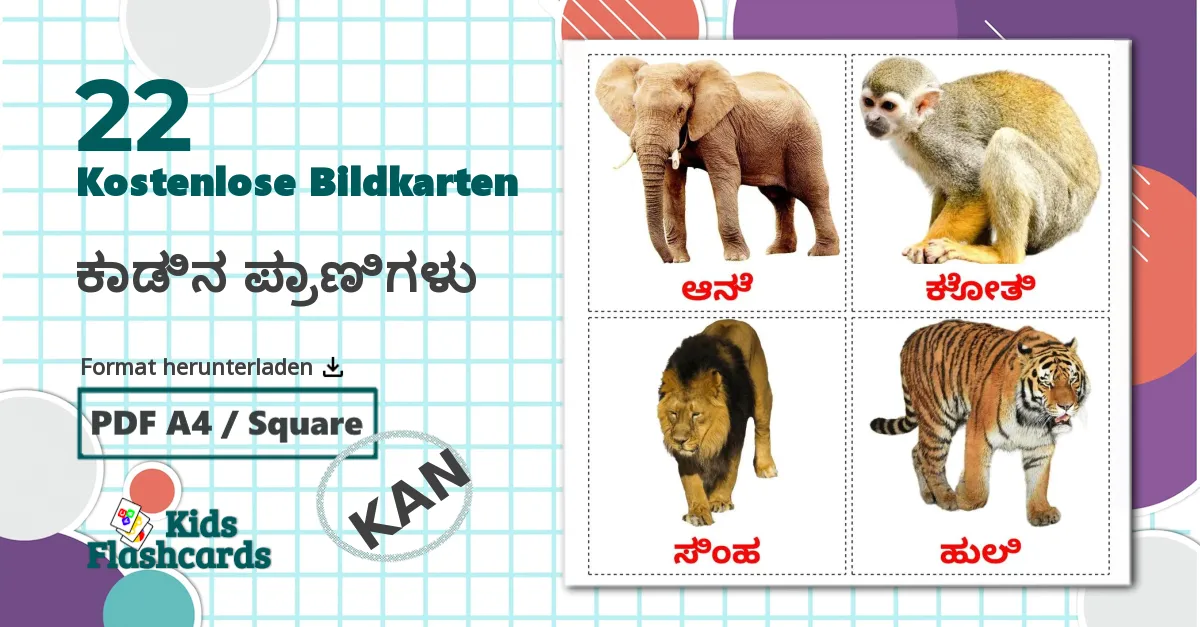 22 Bildkarten für ಕಾಡಿನ ಪ್ರಾಣಿಗಳು